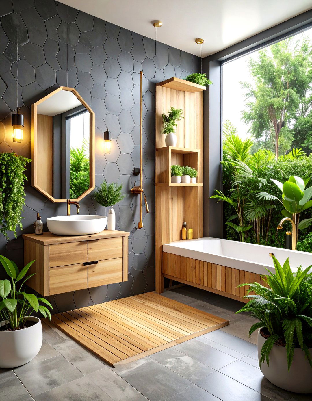 Black Hexagon Tile Shower with Cedar Accents - 24 Black and Wood Bathroom Ideas