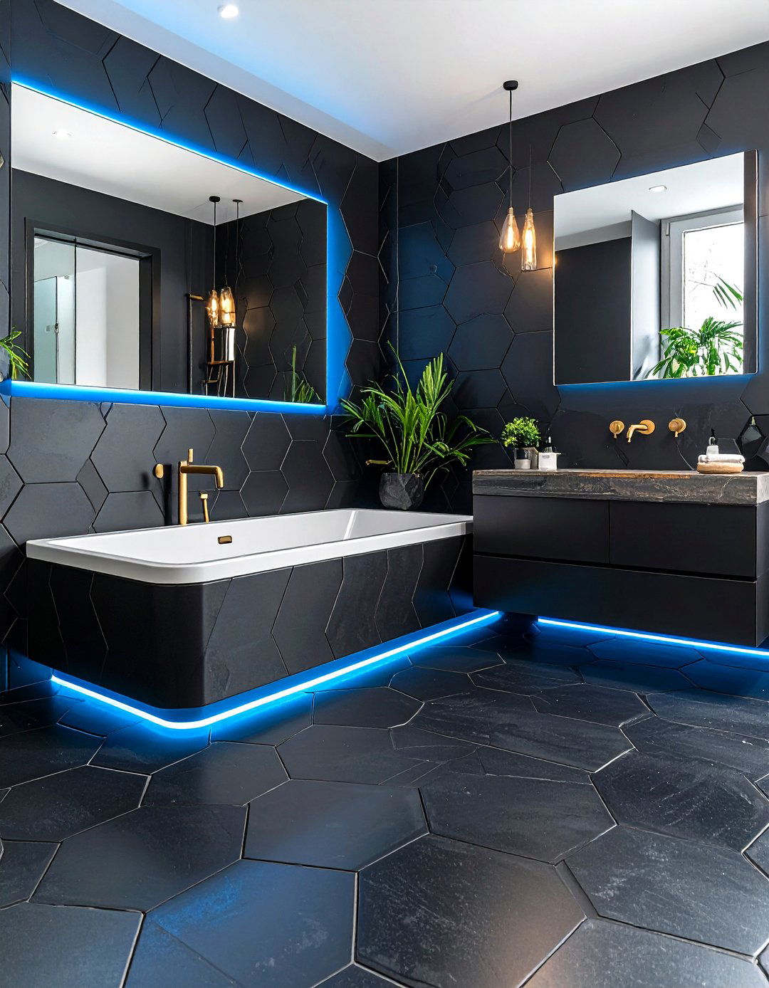 Black Hexagon Tiles with Blue Grout - 24 black and blue bathroom ideas