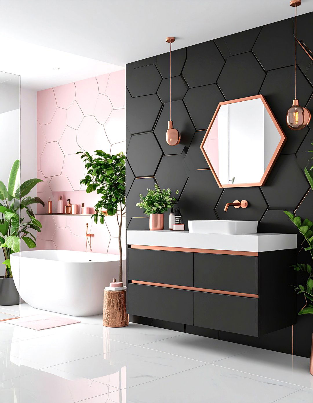 Black Hexagon Tiles with Rose Gold and Pink Accents - 24 Pink and Black Bathroom Ideas
