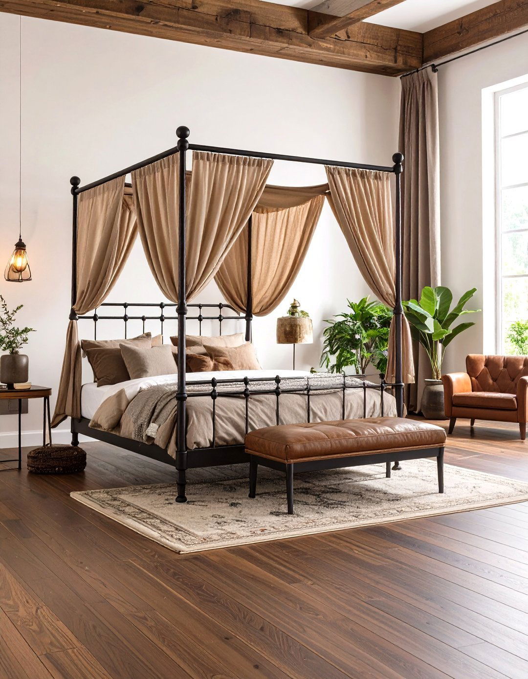 Black Iron Canopy Bed with Rich Brown Wood Floors - 24 Black and Brown Bedroom Ideas
