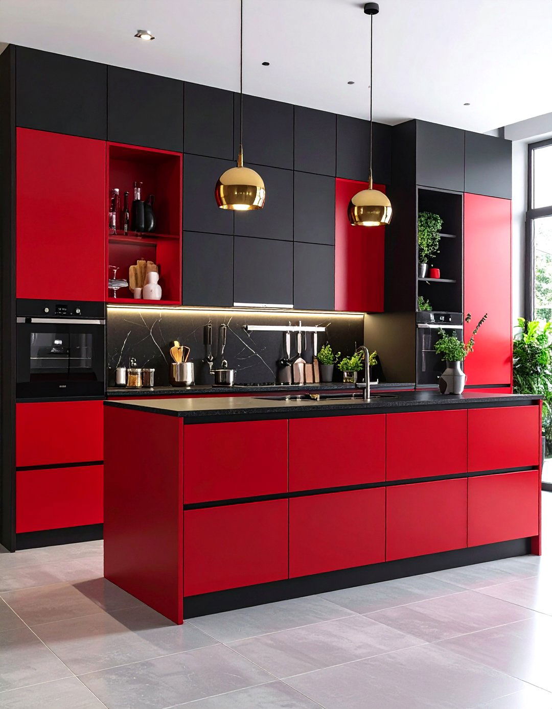 Black Kitchen Cabinets With Red Interior Reveals - 24 red and black kitchen ideas