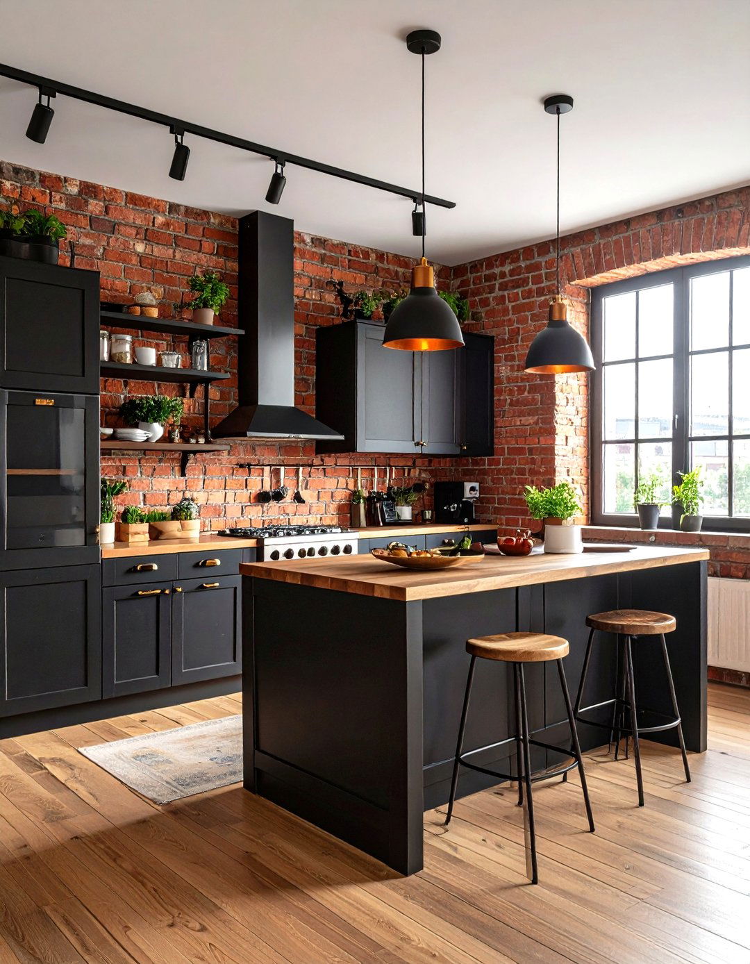 Black Kitchen Cabinets with Brick Accent Walls - 24 Kitchens With Black Cabinets