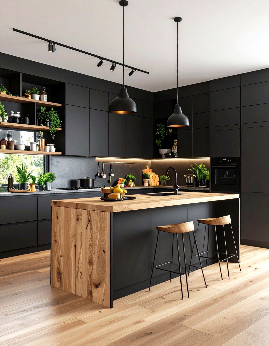 Black Kitchen Cabinets with Open Shelving Accents - 24 Black Kitchen Cabinet Ideas