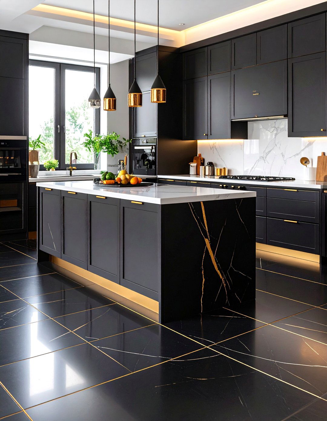 Black Kitchen Flooring with Gold Inlay Details - 24 Black and Gold Kitchen Ideas