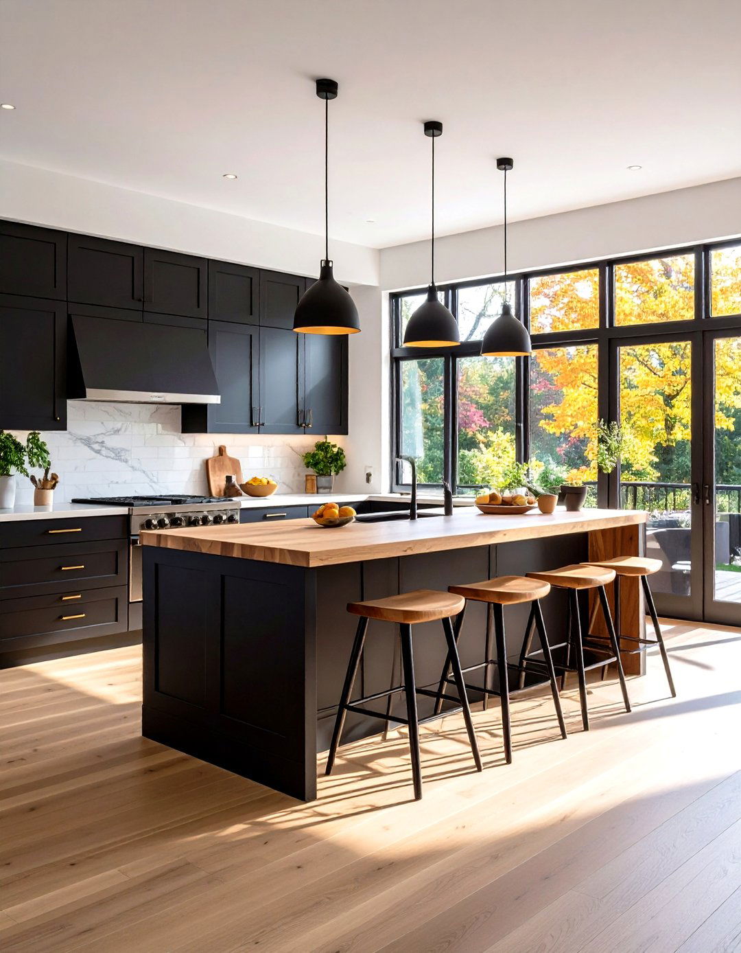 Black Kitchen Island with Contrasting Wood Countertop - 24 Kitchen With Black Cabinets And Wood Countertops Ideas