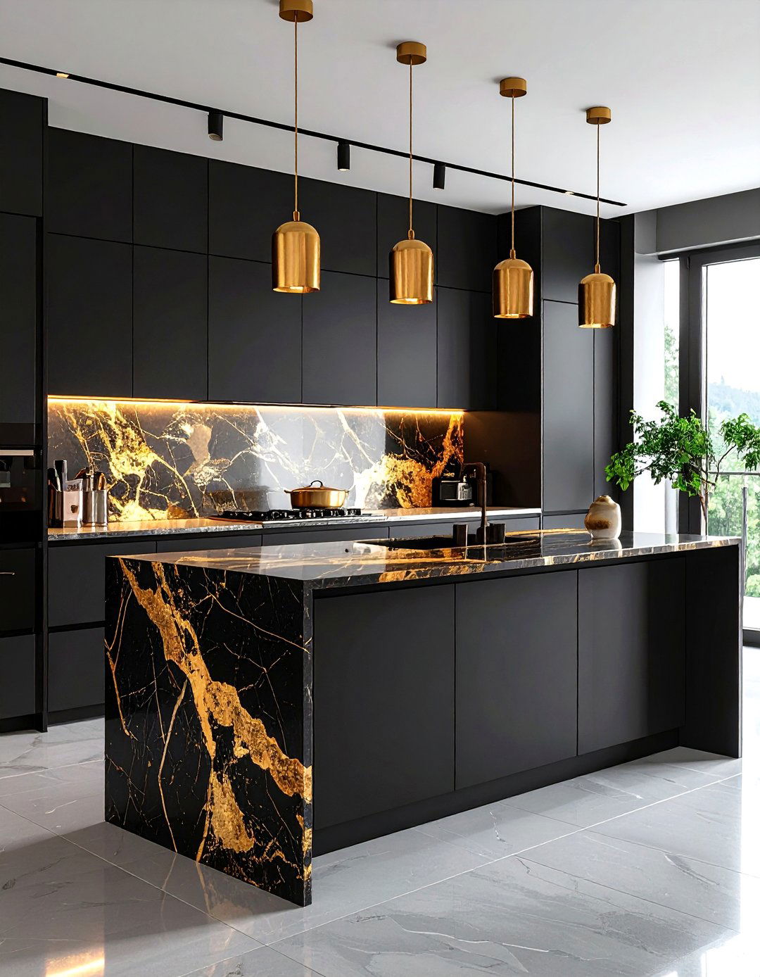 Black Kitchen Island with Gold Waterfall Marble Countertops - 24 Black and Gold Kitchen Ideas