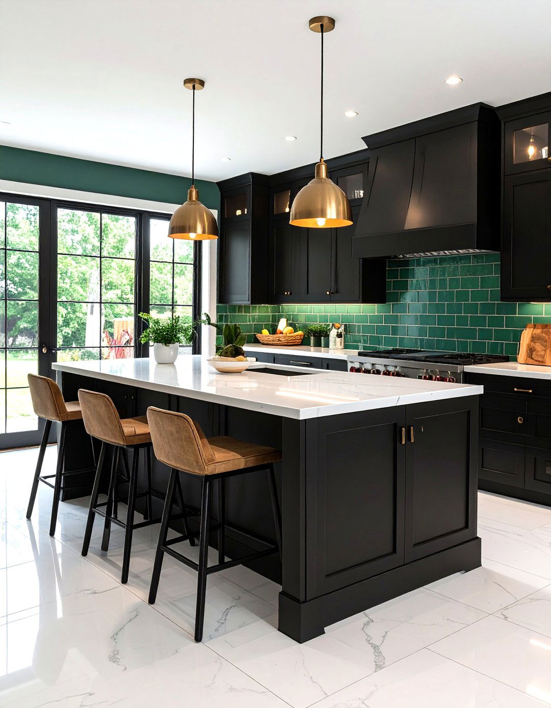 Black Kitchen Island with Green Tile Backsplash - 24 Black and Green Kitchen Ideas