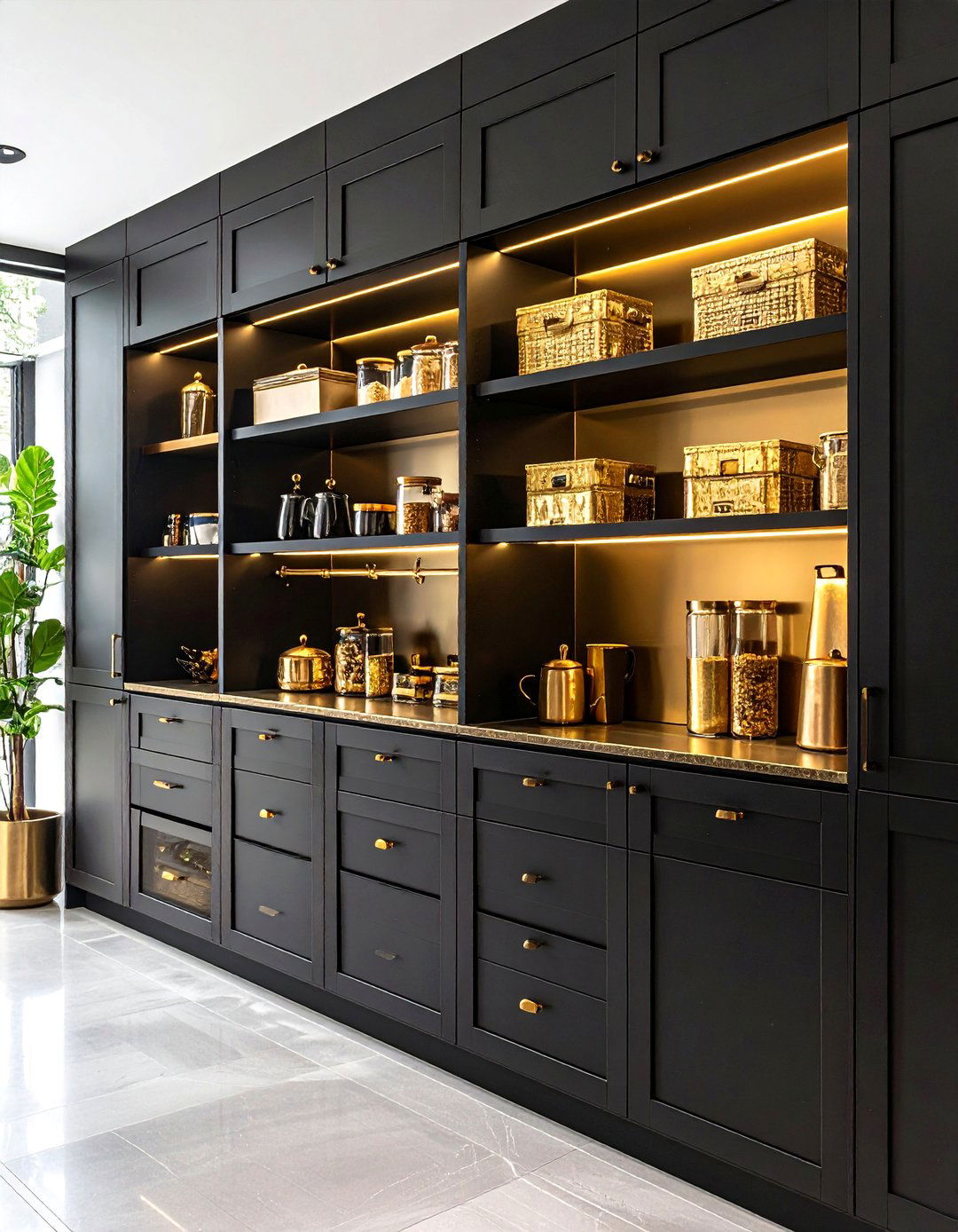 Black Kitchen Pantry with Gold Interior Details