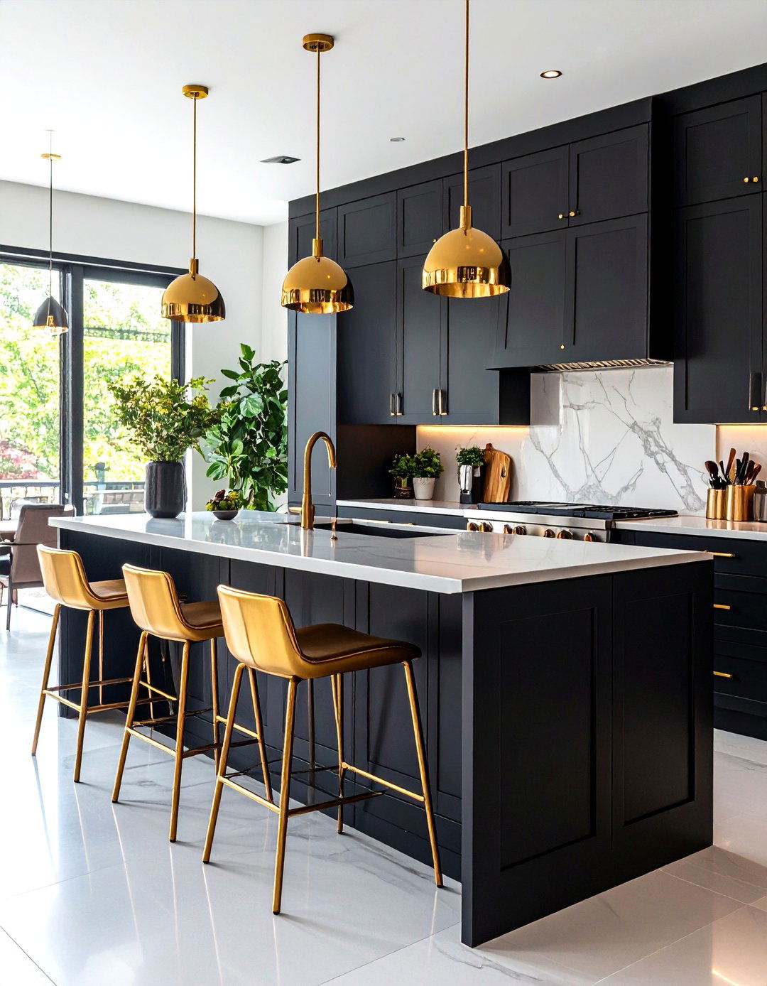 Black Kitchen Peninsula with Gold Breakfast Bar Details - 24 Black and Gold Kitchen Ideas