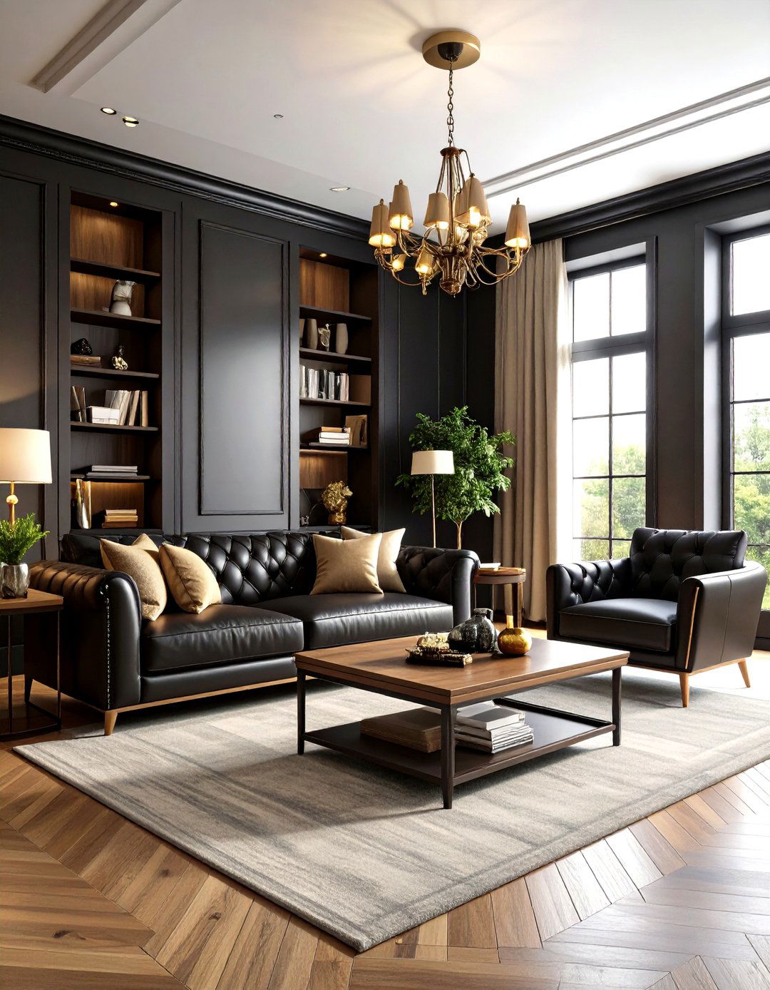 Black Leather Masculine Living Room - 24 Dark Living Room Ideas