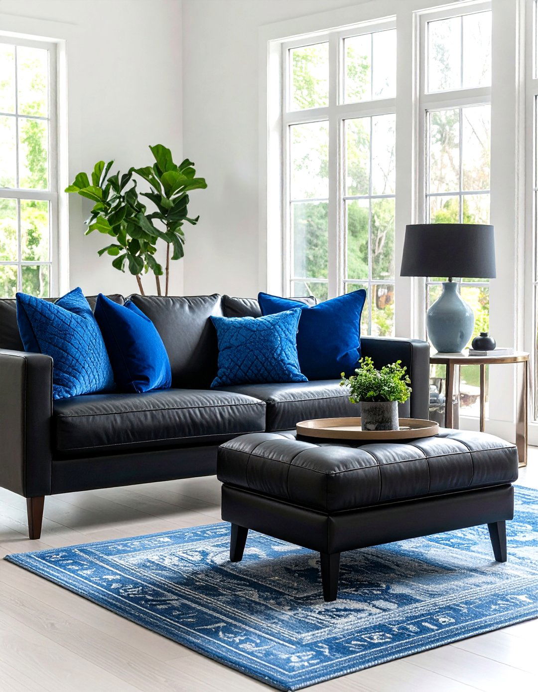 Black Leather Ottoman with Blue Throw Pillows - 24 Black and Blue Living Room Ideas
