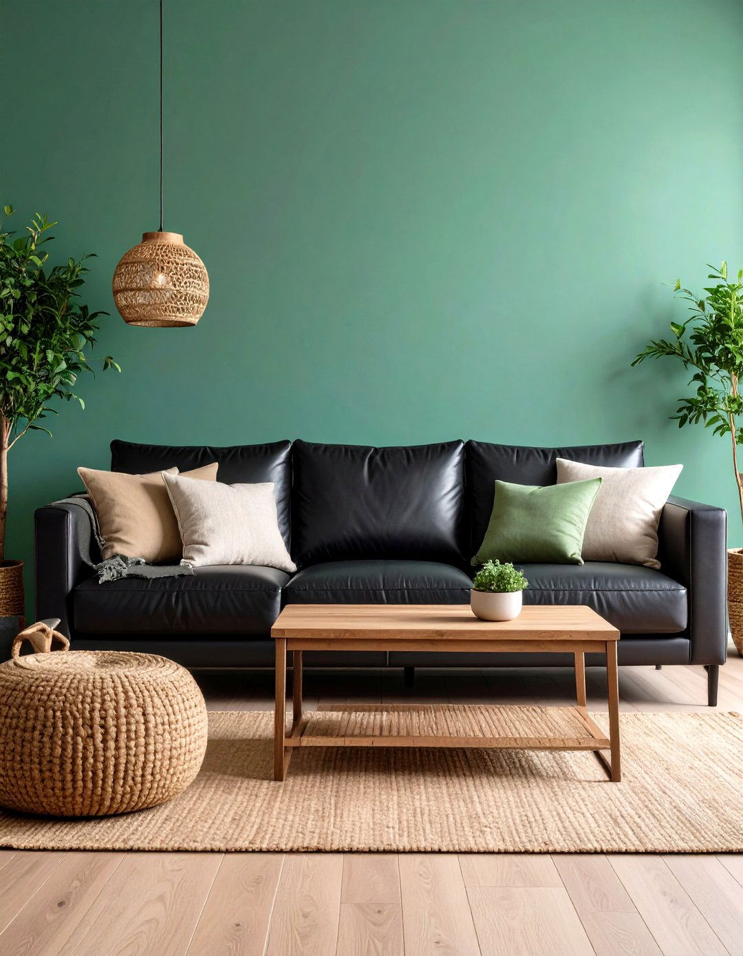 Black Leather and Natural Fiber Combination - 24 Black Boho Living Room Ideas