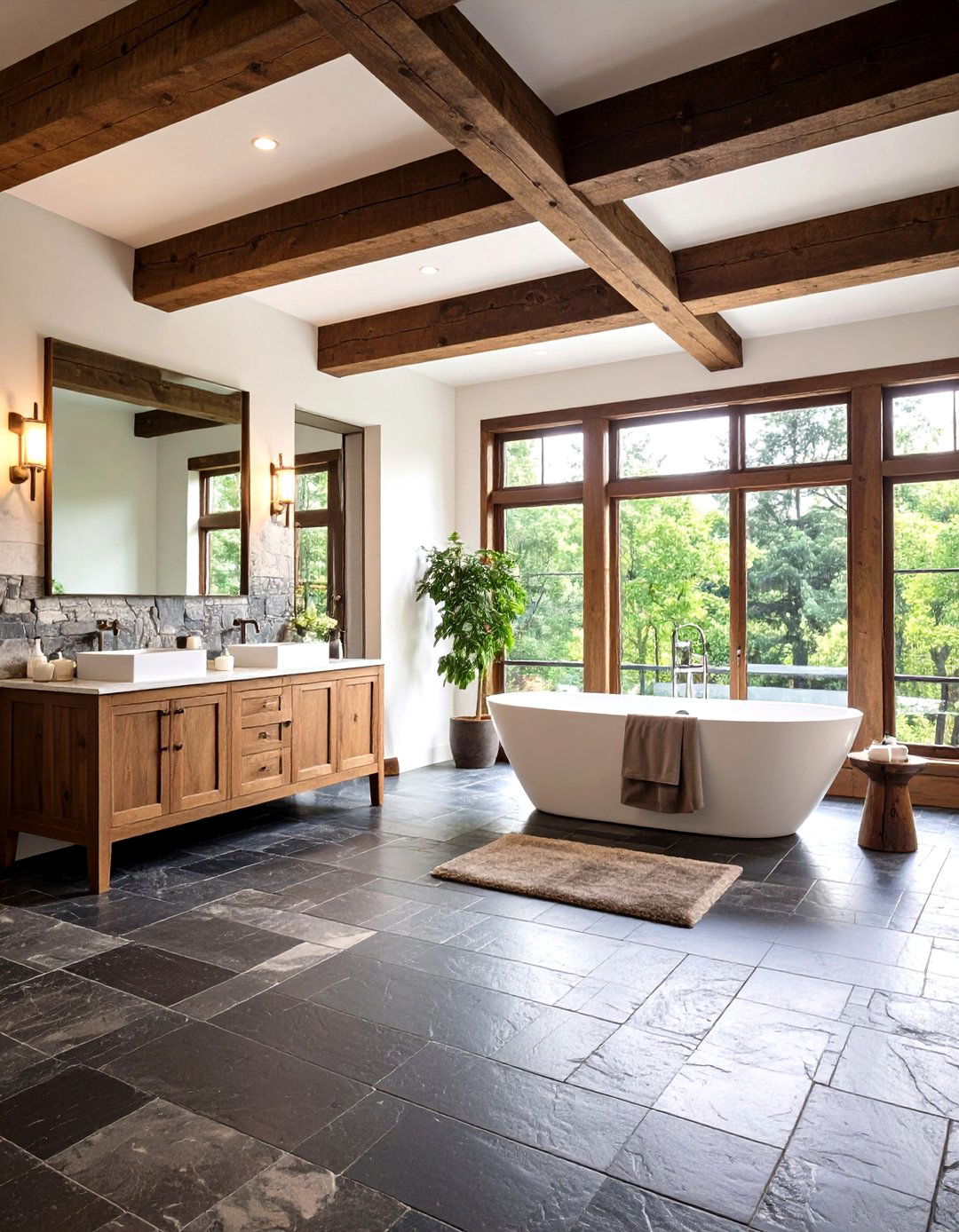 Black Limestone with Reclaimed Chestnut Beams - 24 Black and Wood Bathroom Ideas