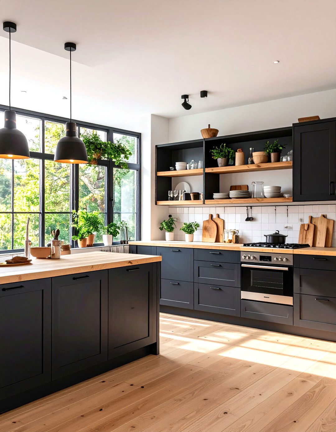Black Lower Cabinets with Open Wood Shelving Above - 24 Kitchen With Black Cabinets And Wood Countertops Ideas