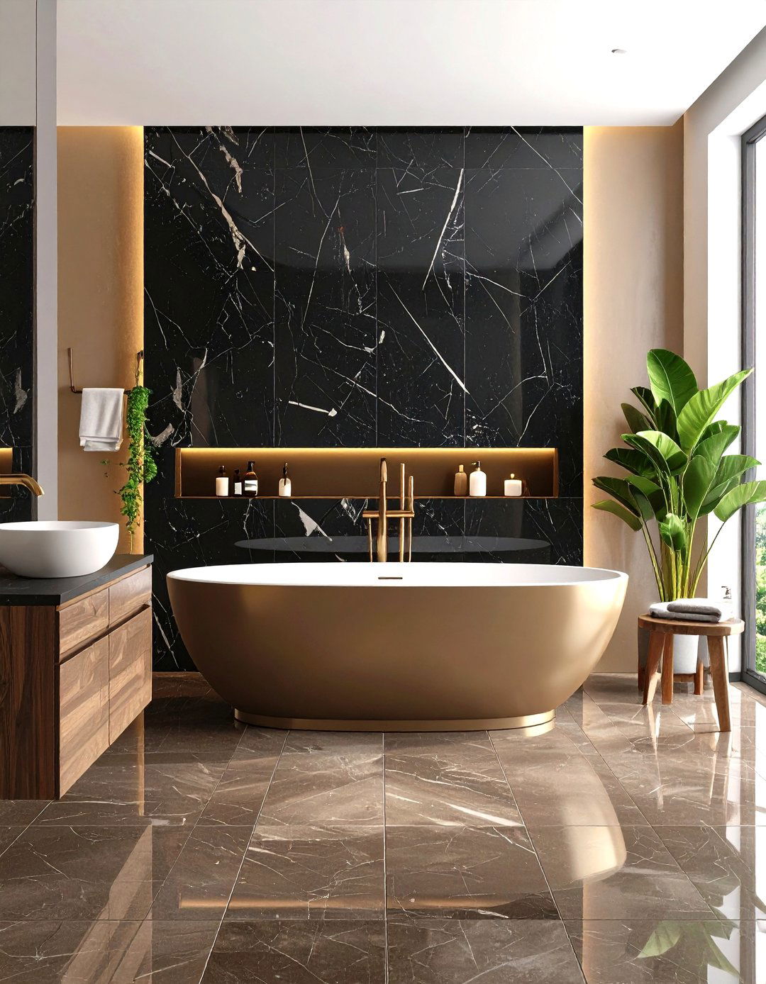 Black Marble Accent Wall with Brown Tile - 24 brown and black bathroom ideas