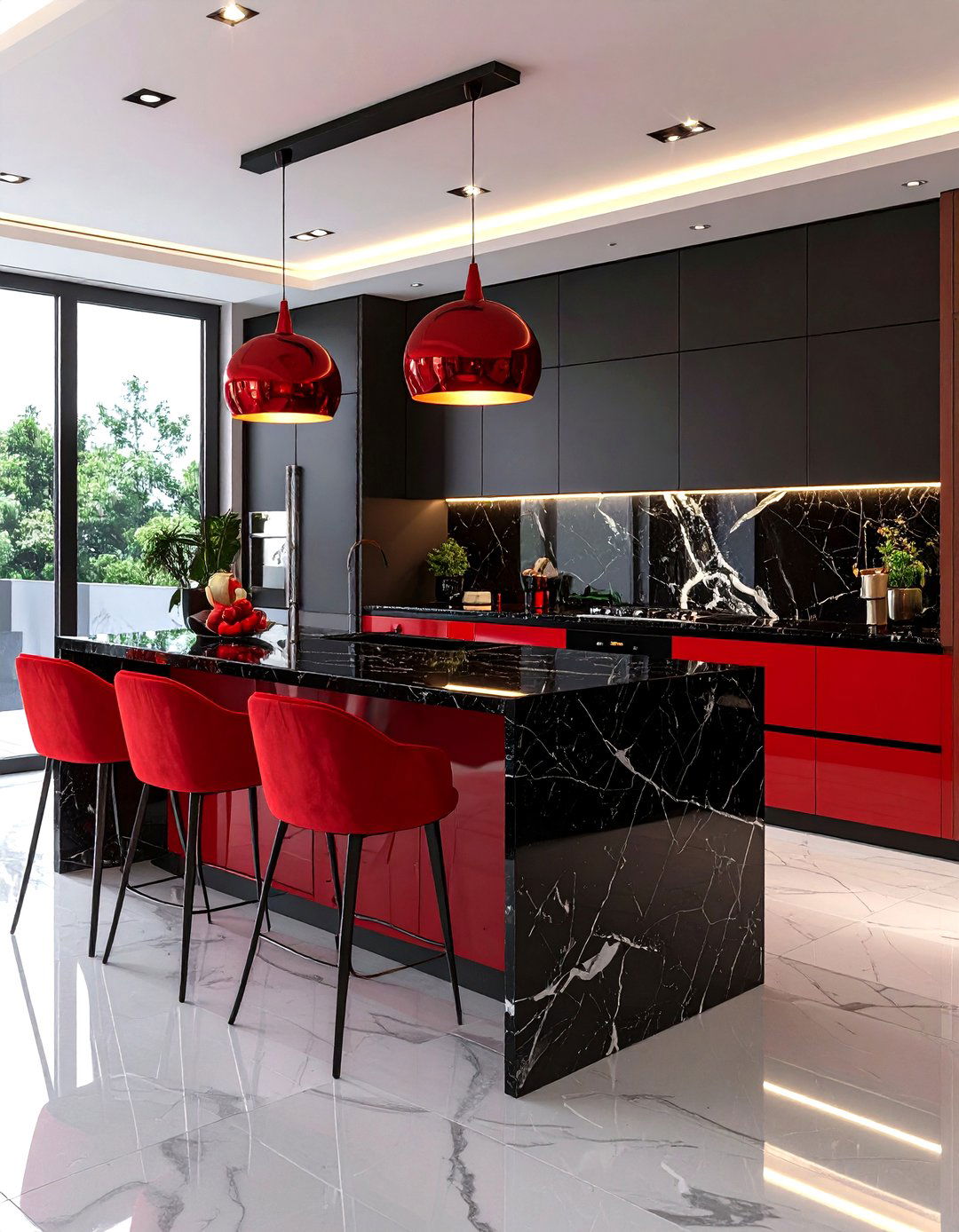Black Marble Countertops With Red Accents - 24 red and black kitchen ideas