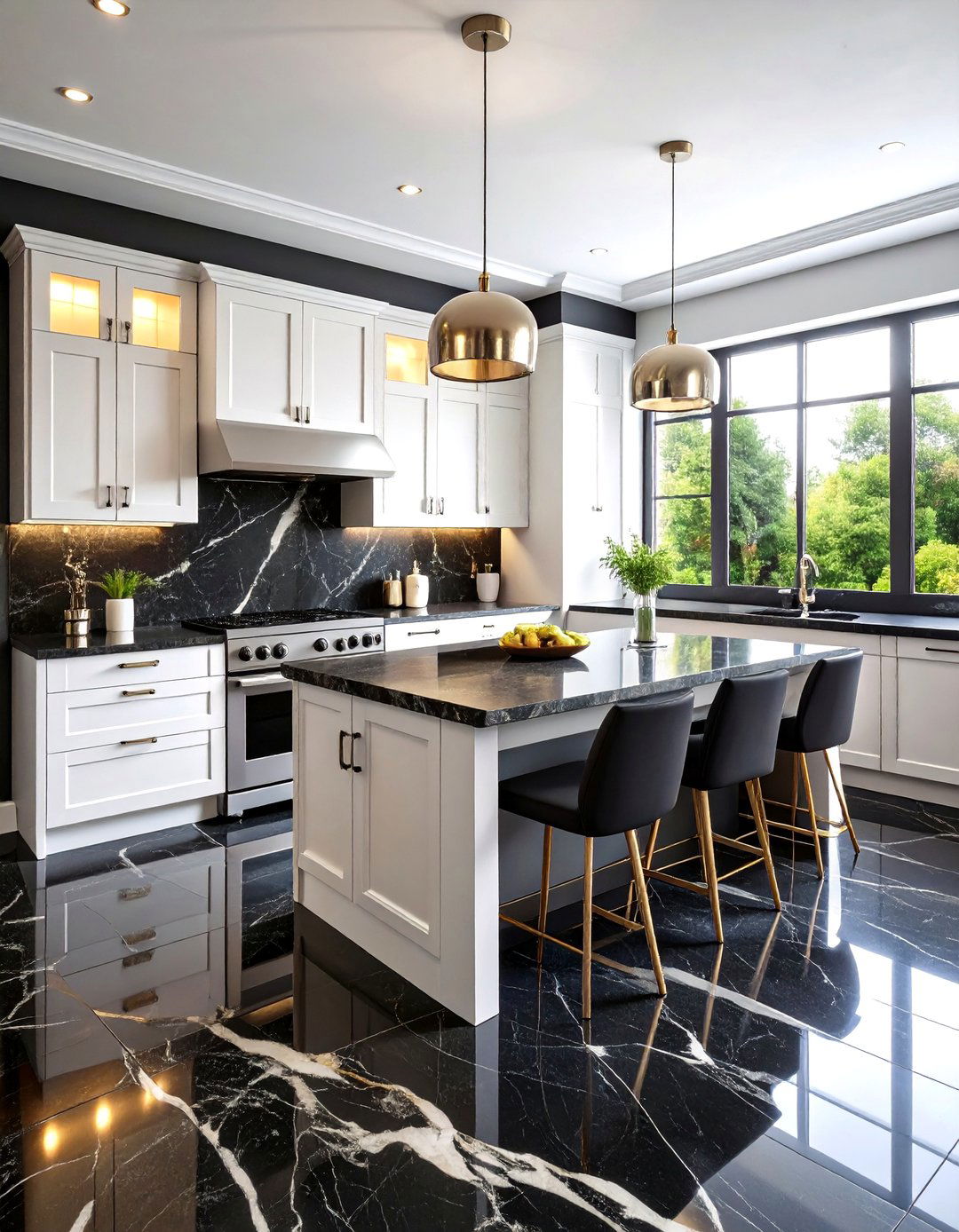 Black Marble Floor with White Cabinets - 24 Black Floor Kitchen Ideas