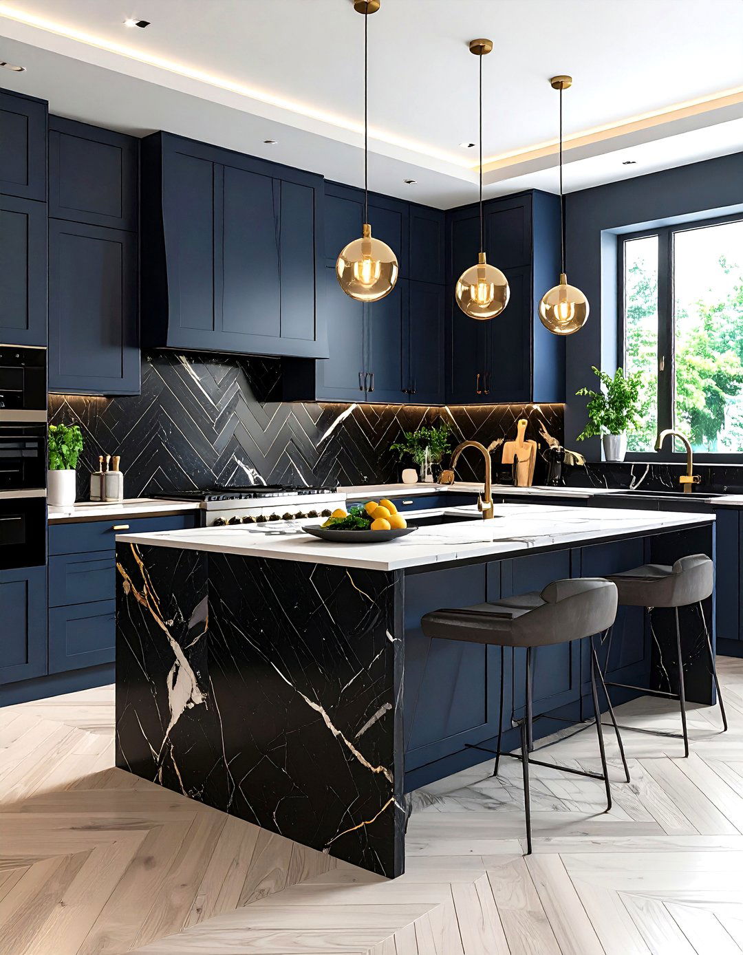 Black Marble Herringbone Backsplash Elegance - 24 Black and White Kitchen Backsplash Ideas