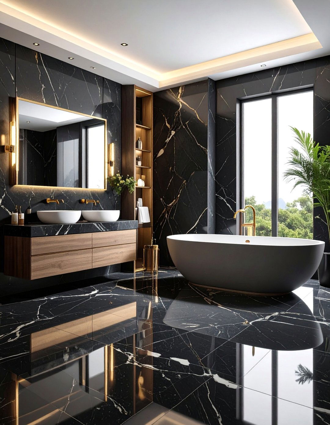 Black Marble Look Porcelain Bathroom Floors - 24 Black Floor Bathroom Ideas