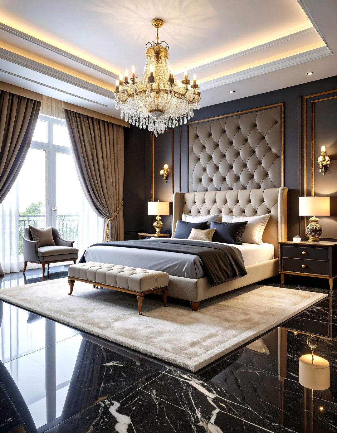 Black Marble Look Tile Luxury Bedroom - 24 Black Floor Bedroom Ideas