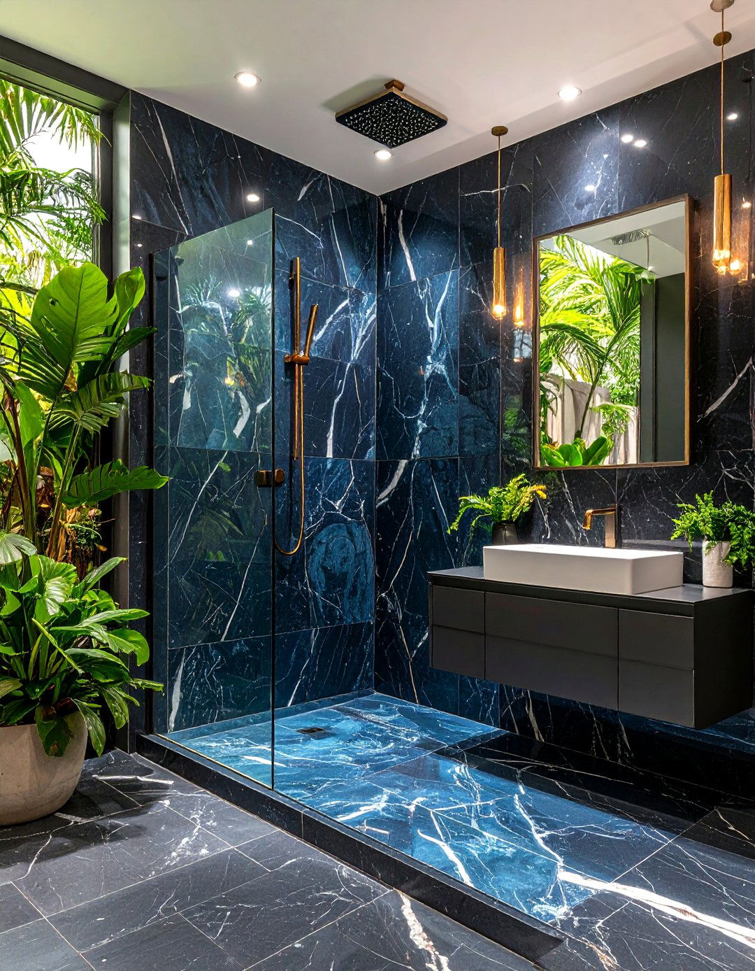 Black Marble Shower with Blue Accent Tiles - 24 black and blue bathroom ideas