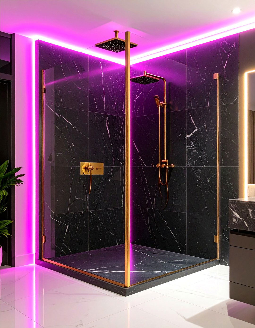 Black Marble Shower with Pink LED Strip Lighting - 24 Pink and Black Bathroom Ideas