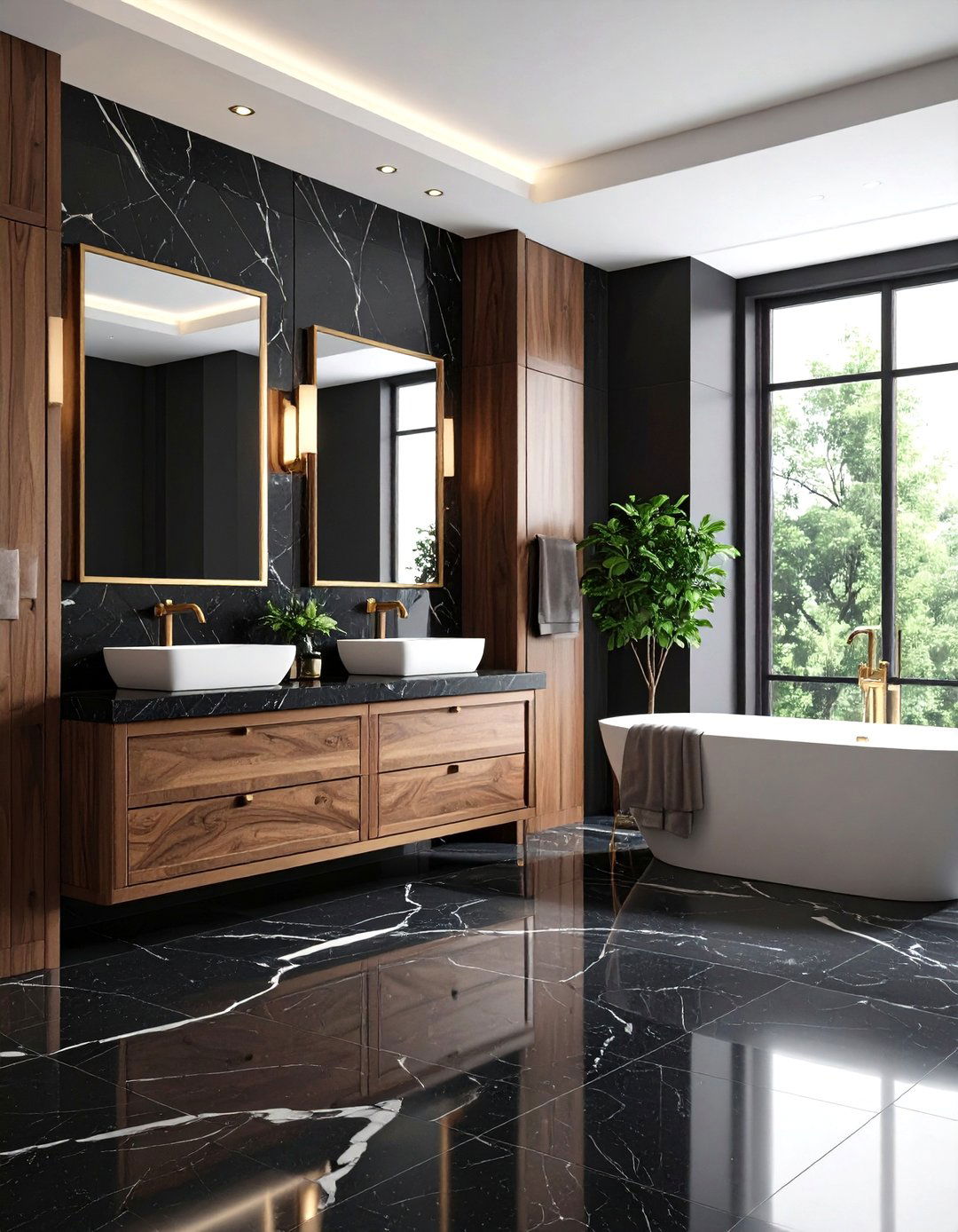 Black Marble Veined Tiles with Walnut Vanity - 24 Black and Wood Bathroom Ideas