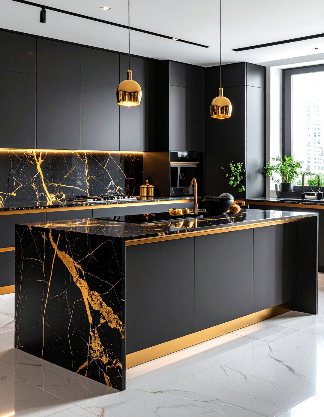Black Marble Veined with Gold Countertops - 24 Black and Gold Kitchen Ideas