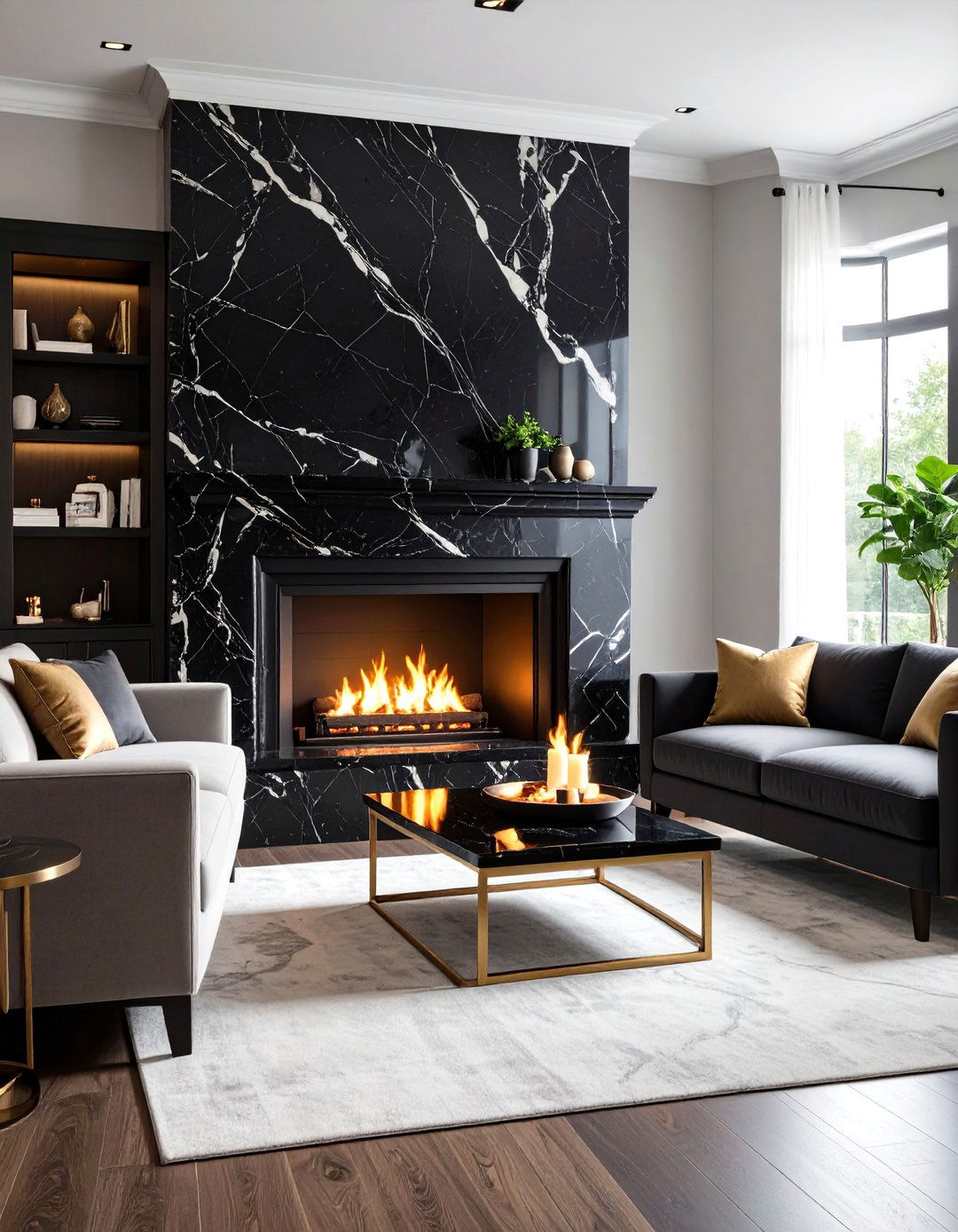 Black Marble with Dramatic White Veining - 24 Black and White Fireplace Ideas