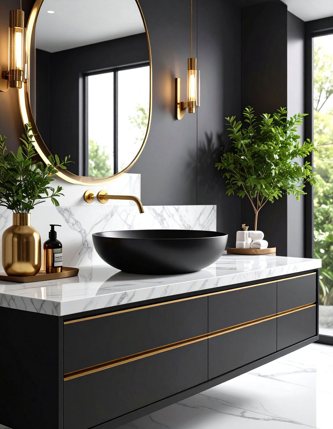 Black Matte Vessel Sink with White Marble Vanity - 24 Small Bathroom Sink Ideas