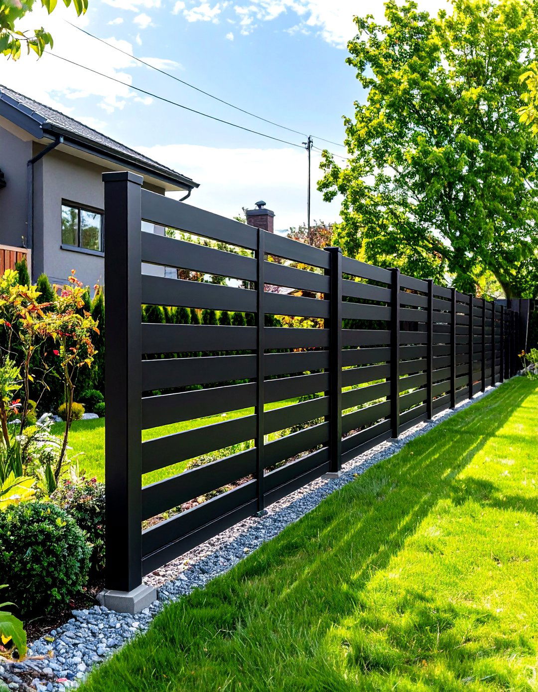 Black Metal Horizontal Fence - 24 Backyard Fence Ideas