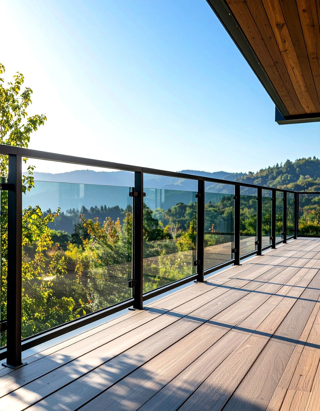 Black Minimalist Frameless Glass Railing - 24 black deck railing ideas