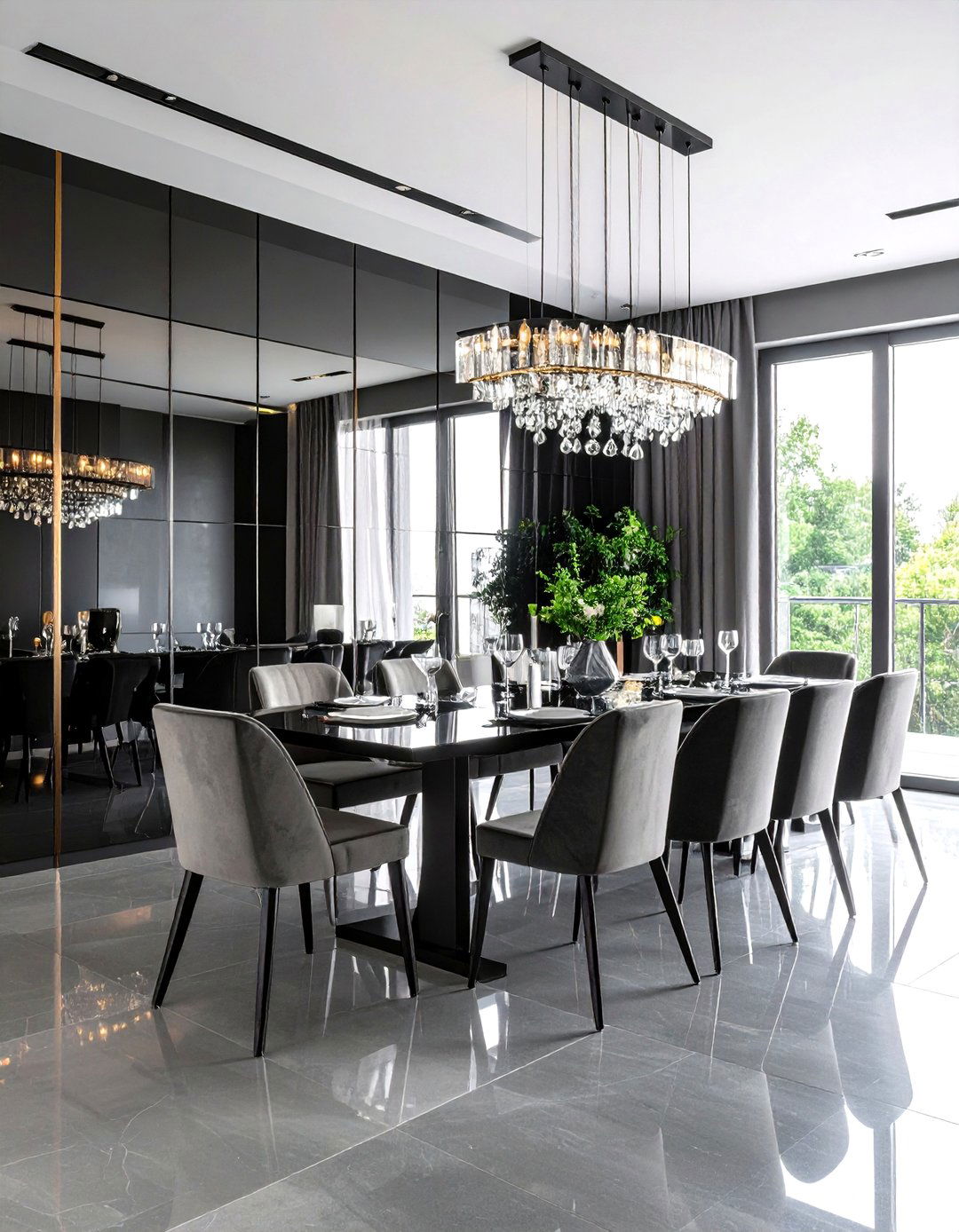 Black Mirror and Glass Feature Wall - 24 Black Accent Wall Dining Room Ideas