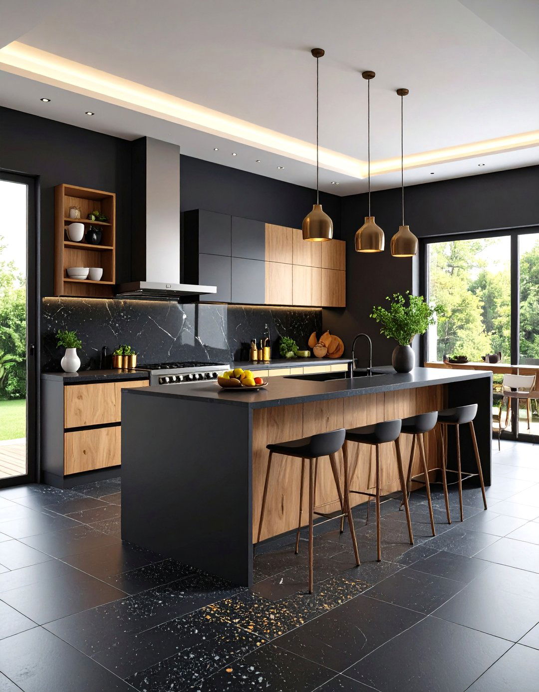 Black Natural Stone Mosaic Floor - 24 Black Floor Kitchen Ideas