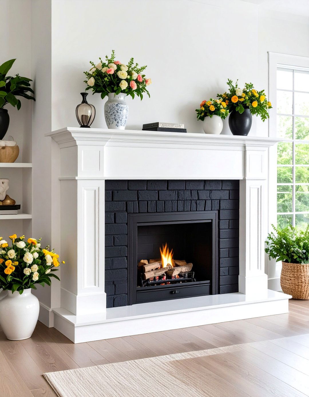 Black Painted Brick Fireplace with White Mantel - 24 Black Fireplace Ideas