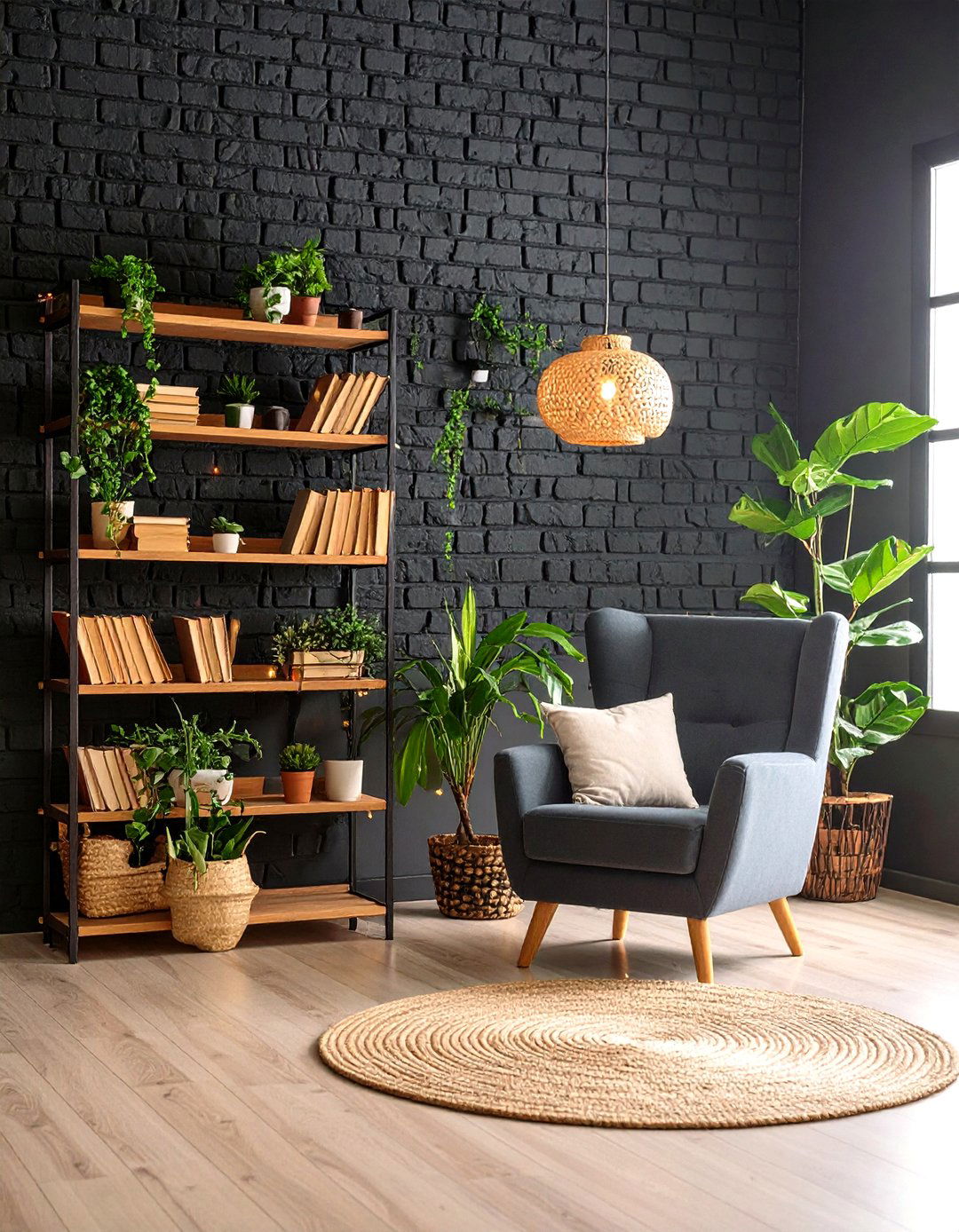 Black Painted Brick Wall Feature - 24 Black Boho Living Room Ideas