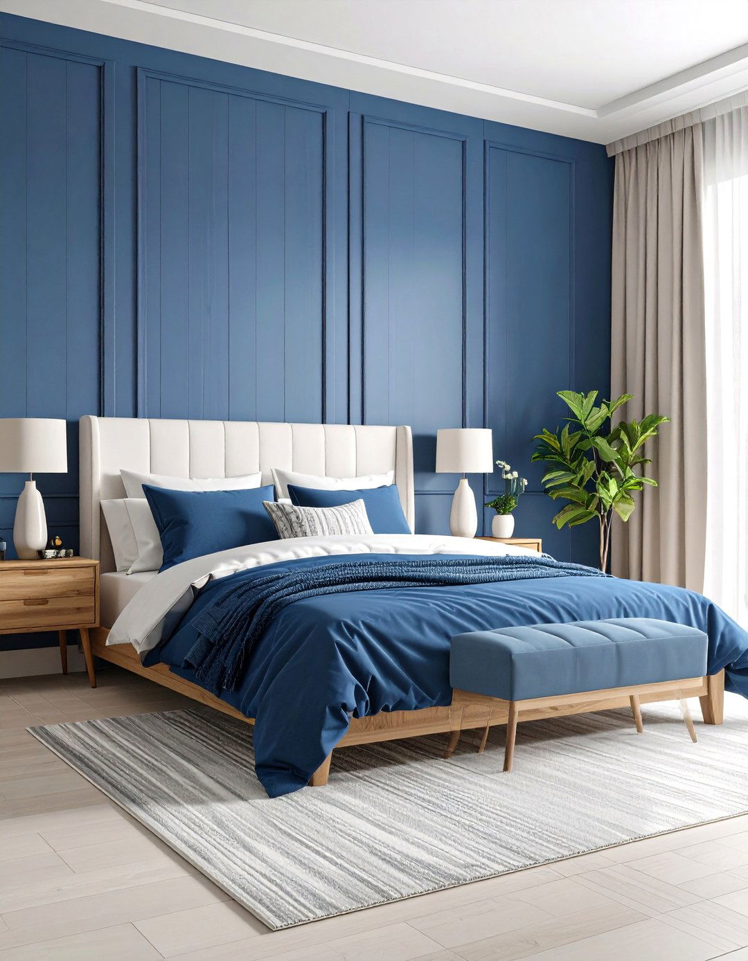 Black Paneled Feature Wall - 24 Black and Blue Bedroom Ideas