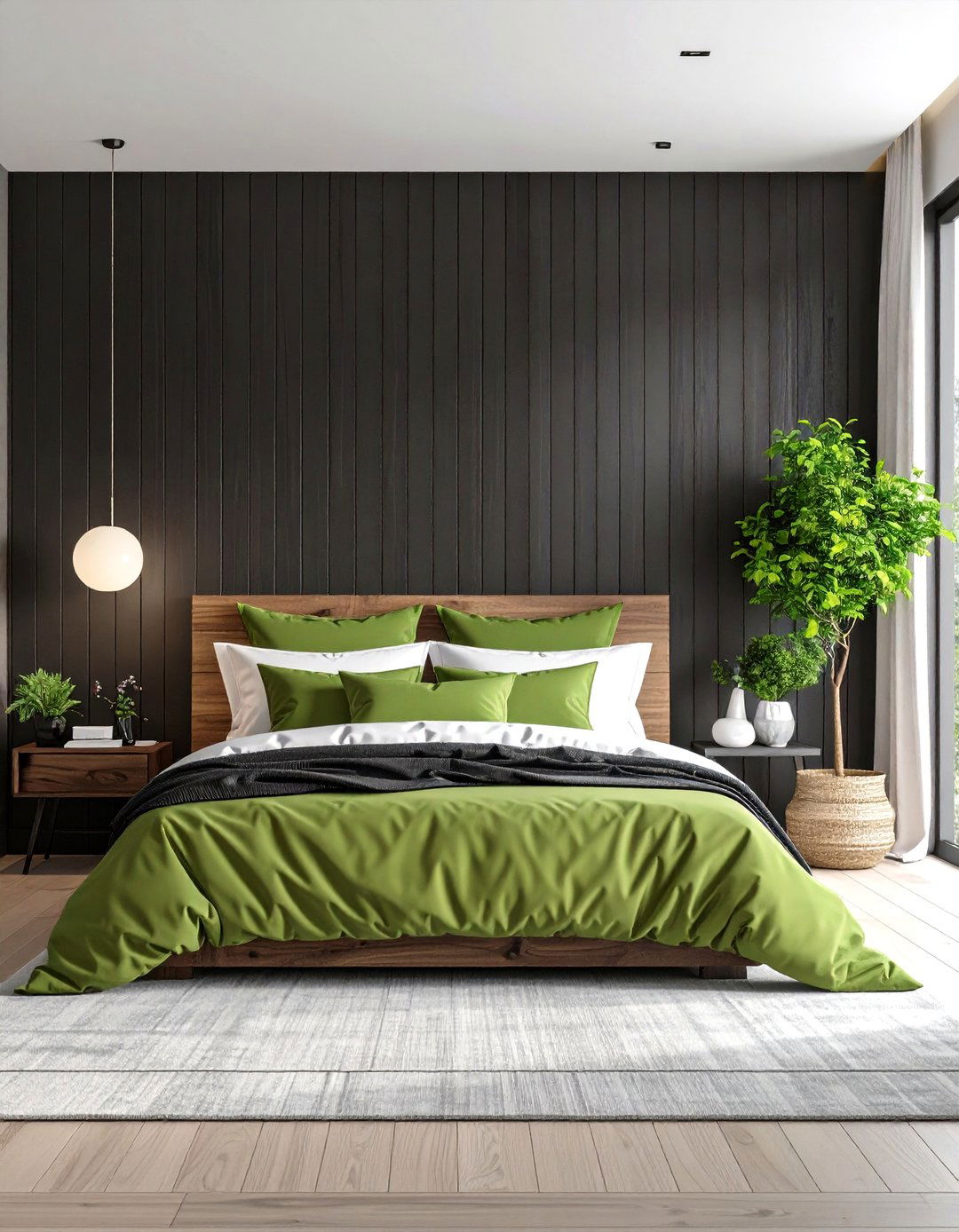 Black Paneled Walls with Green Textiles - 24 Black and Green Bedroom Design Ideas