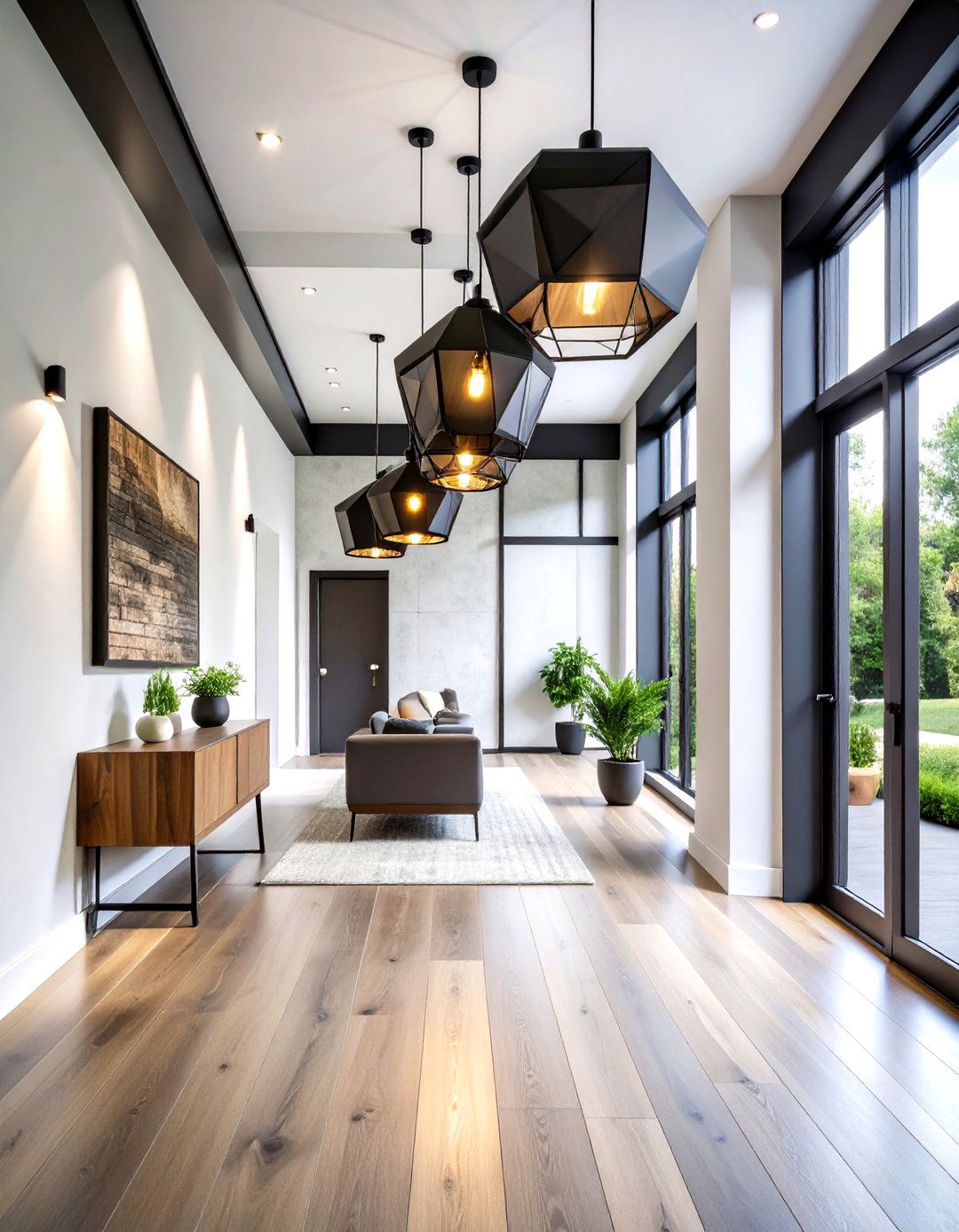 Black Pendant Light Feature - 24 Black and White Hallway Ideas