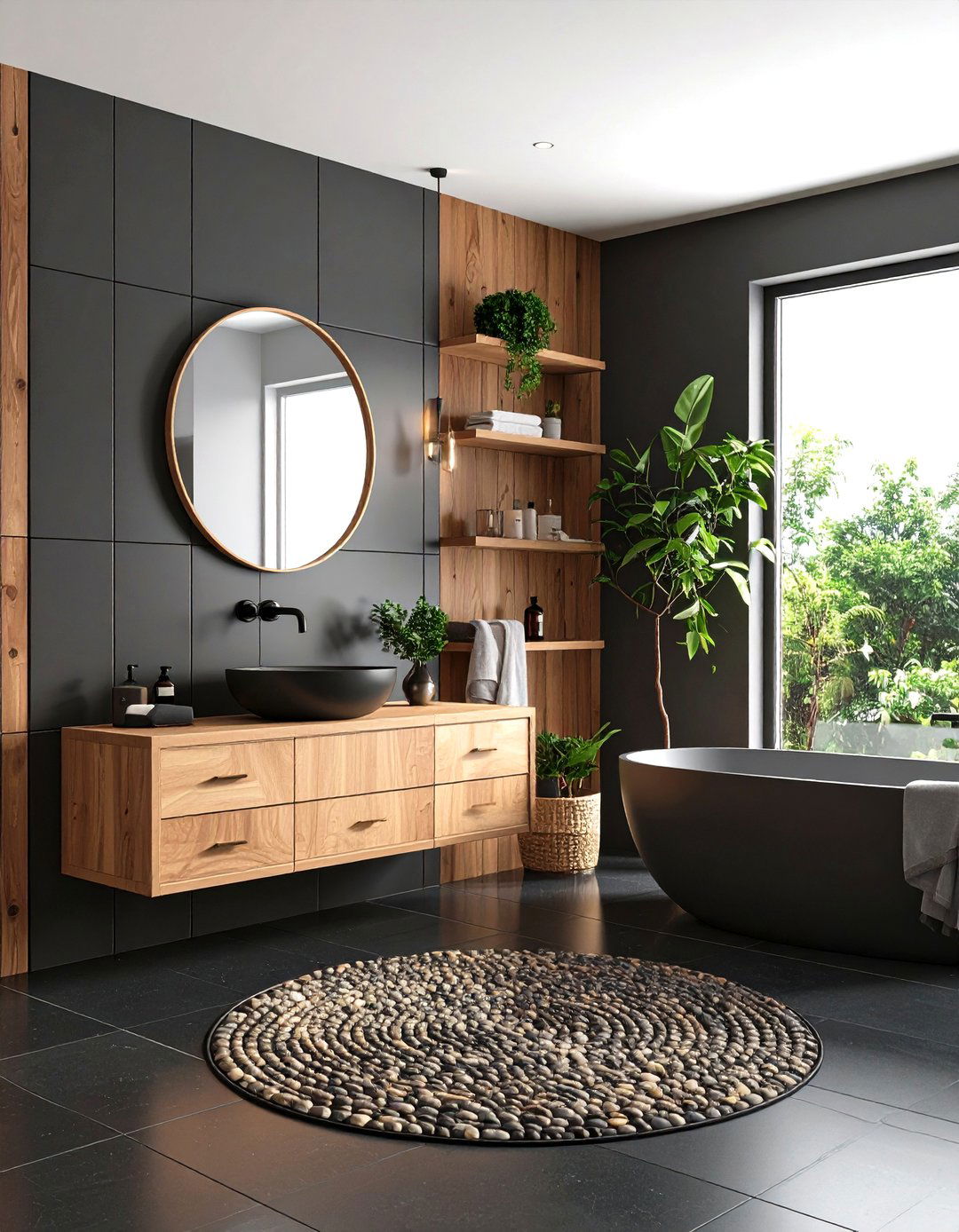 Black Penny Tiles with Brown Wood Elements - 24 brown and black bathroom ideas