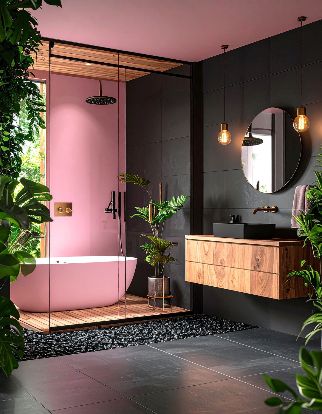 Black Penny Tiles with Pink Glass Shower Enclosure - 24 Pink and Black Bathroom Ideas