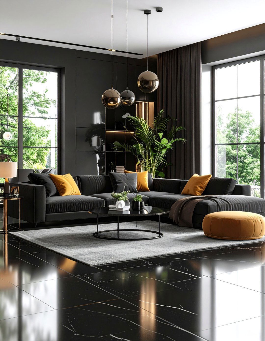 Black Polished Porcelain Tile Design - 24 Black Floor Living Room Ideas