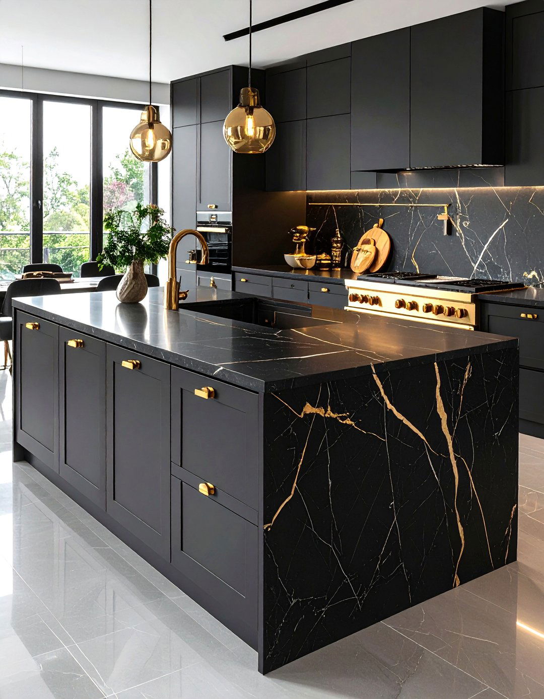 Black Quartz Countertops with Gold Cabinet Hardware - 24 Black and Gold Kitchen Ideas