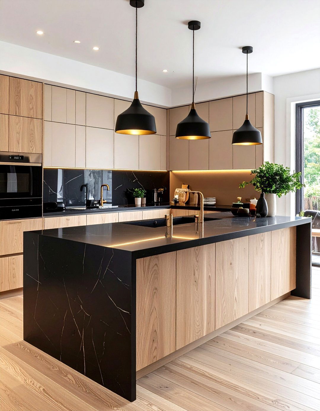 Black Quartz Waterfall and Beige Oak Kitchen - 24 black and beige kitchen ideas