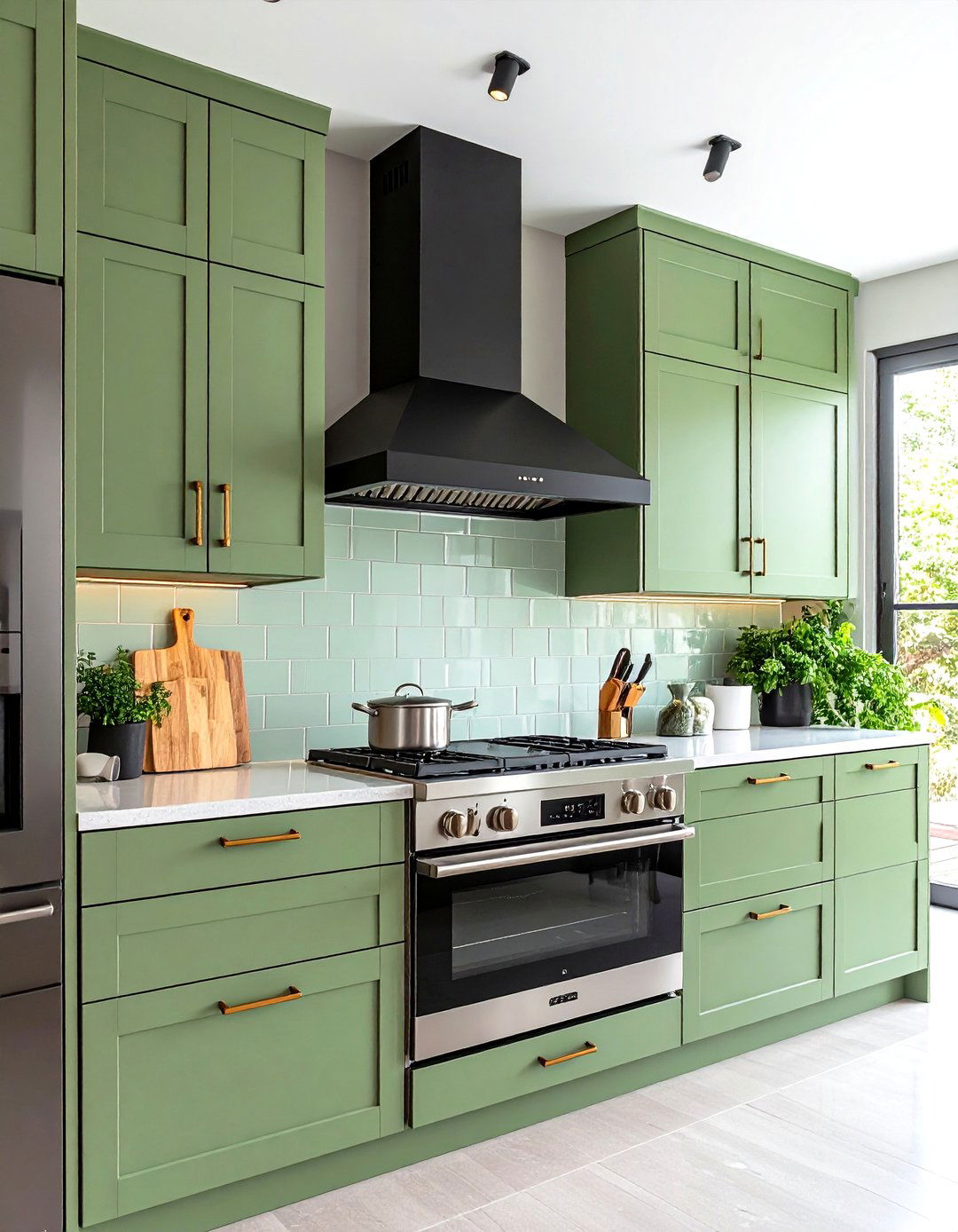 Black Range Hood with Sage Green Surrounding Cabinets - 24 Sage Green and Black Kitchen Ideas