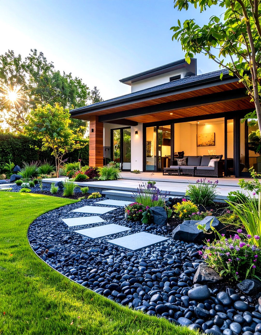 Black River Rock Patio Surrounds - 24 Black River Rock Landscaping Ideas