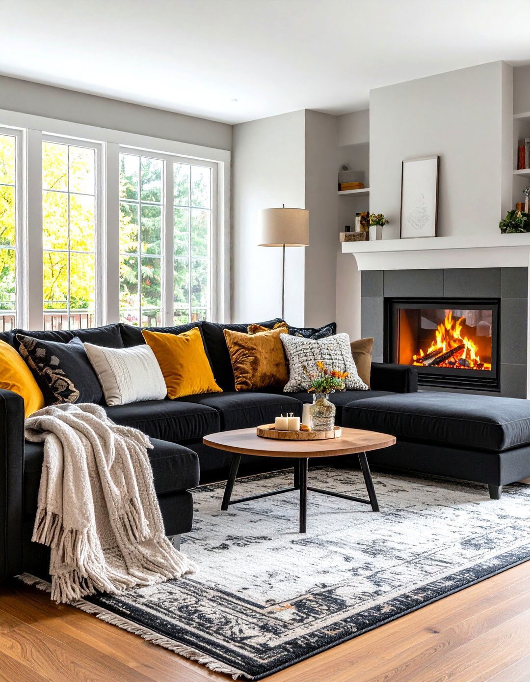 Black Sectional Fireplace Focal Point - 24 Black Couch Living Room Ideas