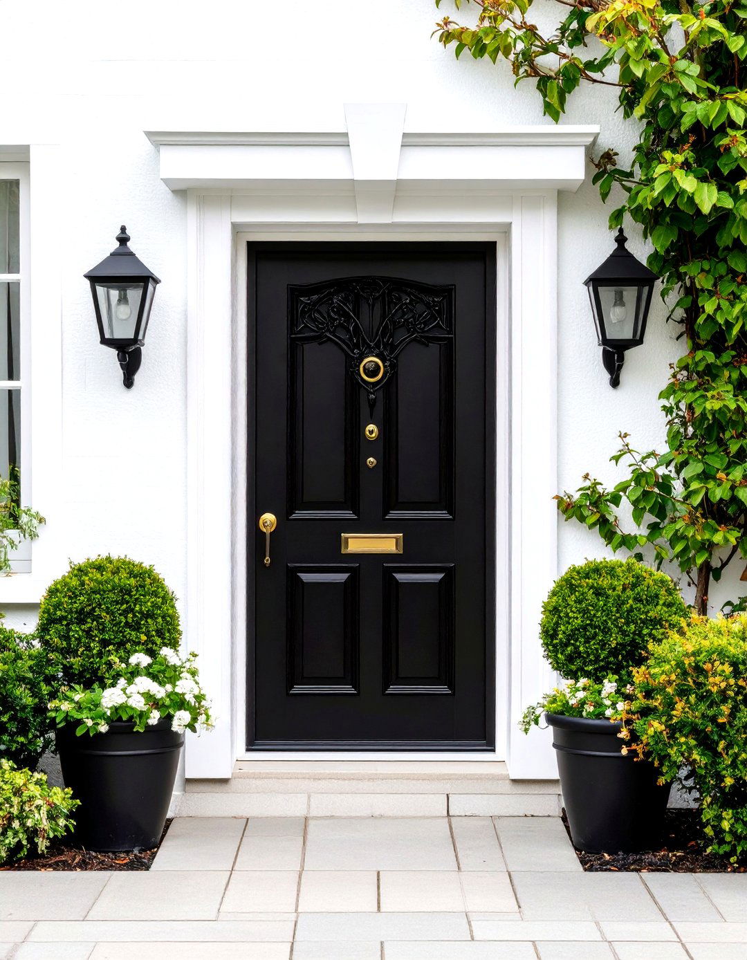 Black Security Door with Decorative Elements - 24 White House Ideas With Black Doors