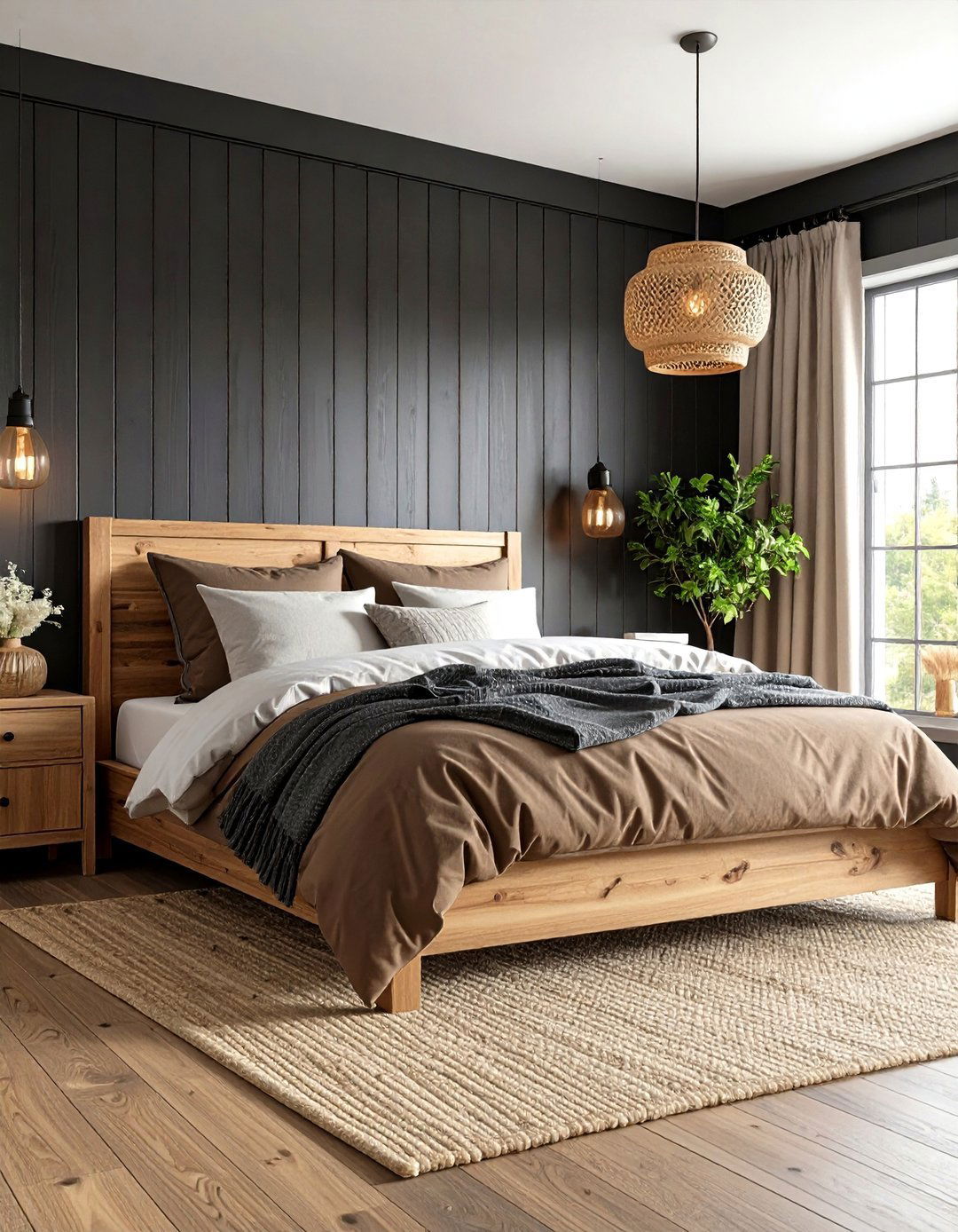 Black Shiplap Accent Wall with Natural Brown Linen Bedding - 24 Black and Brown Bedroom Ideas
