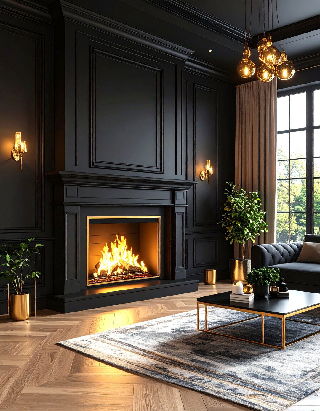Black Shiplap with Gold Hardware Accents - 24 Black Shiplap Fireplace Ideas